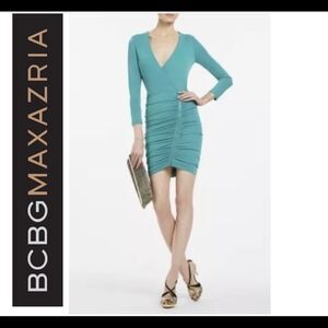 Bcbgmaxazria teal seagreen long sleeve wrap ruched mini dress Sz S